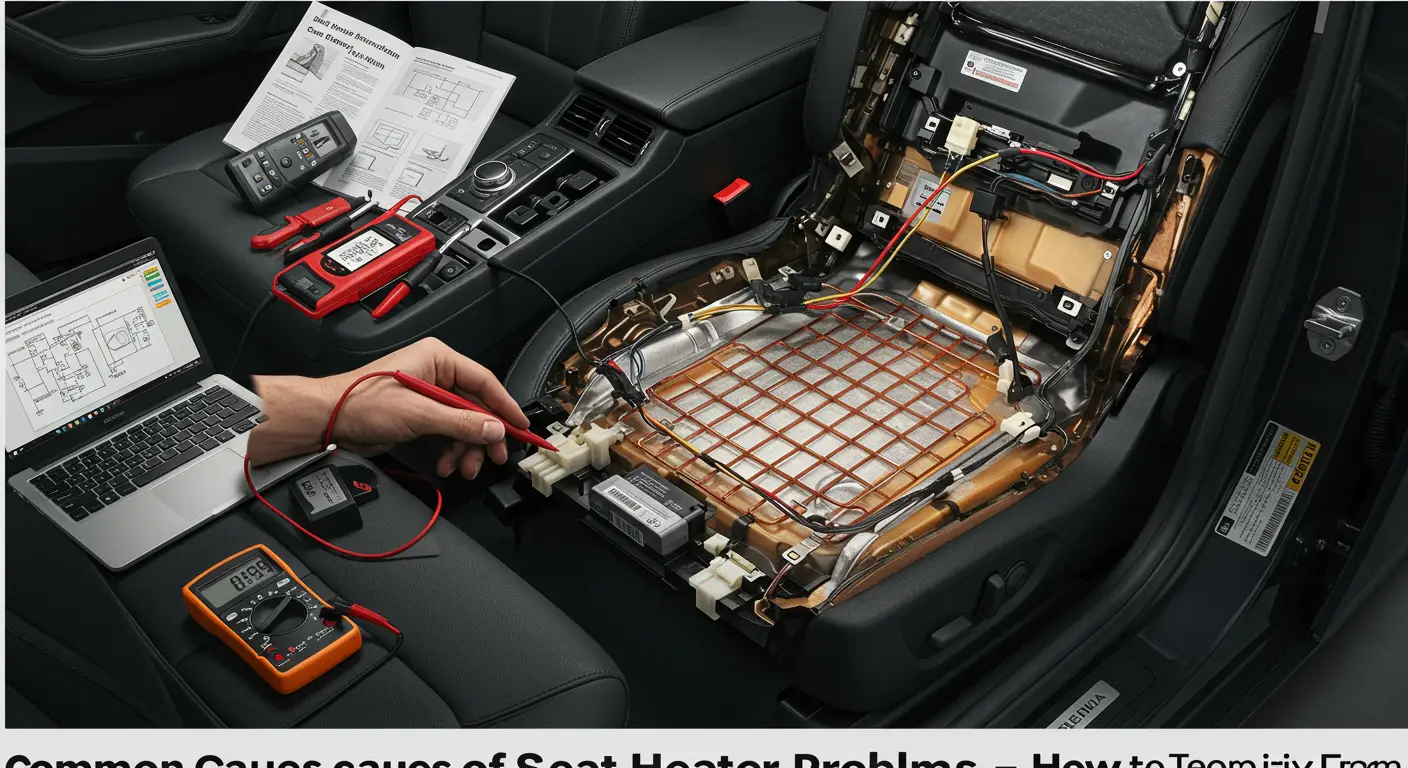 The image depicts a car's interior with a focus on the seat heating controls, accompanied by text in Romanian discussing common issues with seat heaters and potential solutions.