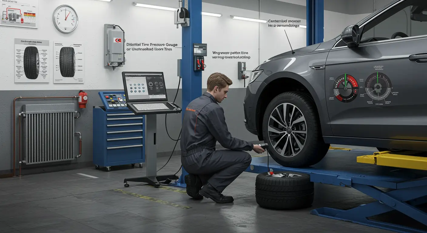 The image depicts a close-up of a car tire with a pressure gauge attached, illustrating the process of checking tire pressure to identify signs of overinflation or underinflation, accompanied by Romanian text explaining solutions for proper tire maintenance.