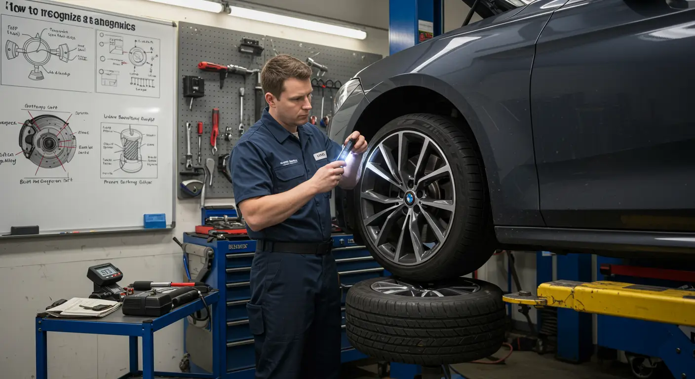 The image depicts a mechanic inspecting a car's wheel for signs of bending or damage, with tools and equipment visible in the workshop, illustrating the process of recognizing and repairing a bent wheel or rim.