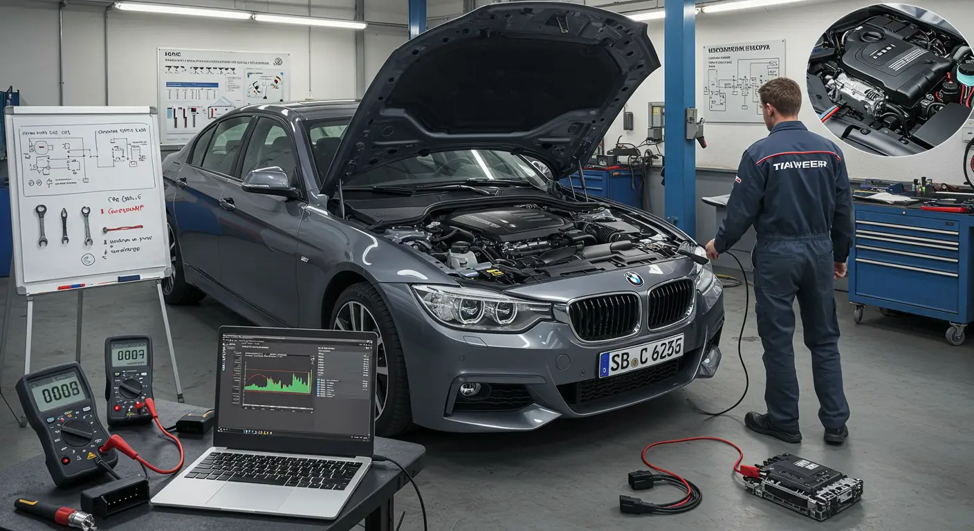 The image depicts a mechanic using a diagnostic tool to check a car's ECU, surrounded by icons representing common signs of a faulty ECU, such as poor engine performance and warning lights.