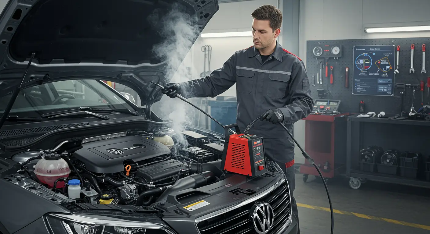The image depicts a mechanic using a smoke machine to diagnose an EVAP leak in a vehicle, illustrating a step-by-step guide in Romanian on how to identify and repair the leak.