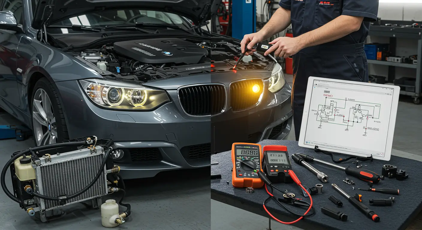 The image depicts a person examining the front of a car with its hood open, focusing on the daytime running lights, accompanied by a toolbox and replacement bulbs, demonstrating the process of identifying and repairing DRL issues.