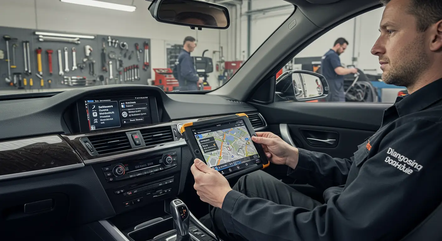 The image depicts a person sitting in a car, interacting with the touchscreen display of the infotainment system, illustrating common issues and diagnostic steps related to car infotainment systems.