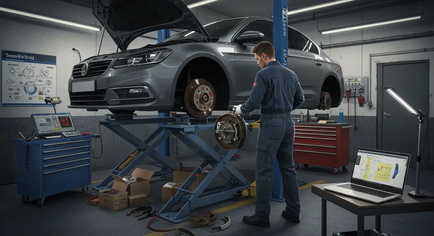 The image depicts a worn brake shoe with visible signs of wear, such as thinning and uneven surface, highlighting the need for diagnosis and replacement, along with Romanian text explaining the symptoms and steps for maintenance.
