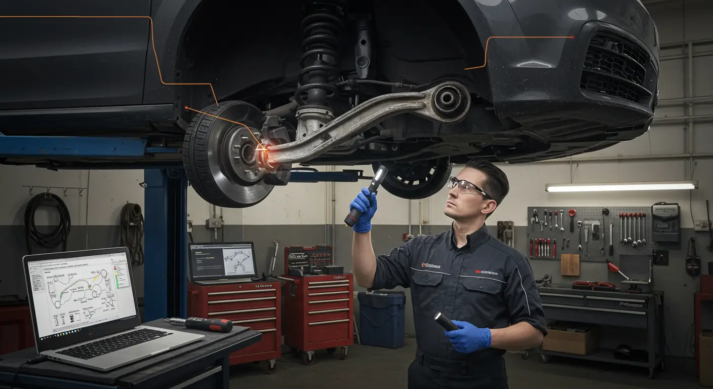 The image likely depicts common symptoms of a damaged automotive control arm, such as uneven tire wear or steering vibrations, with diagnostic and repair steps, all labeled in Romanian.