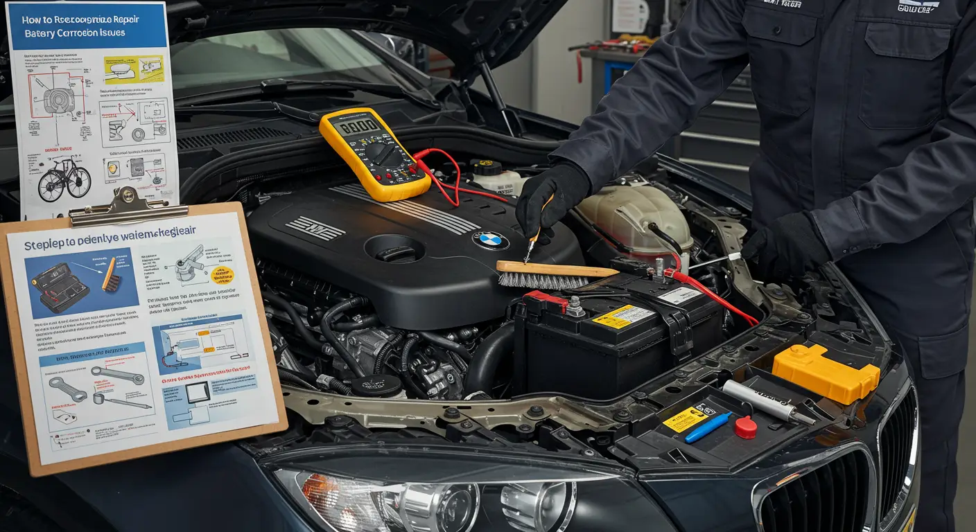 The image shows a car battery with significant corrosion on the terminals, surrounded by cleaning tools such as a wire brush and a cloth, illustrating the process of identifying and addressing battery corrosion issues.