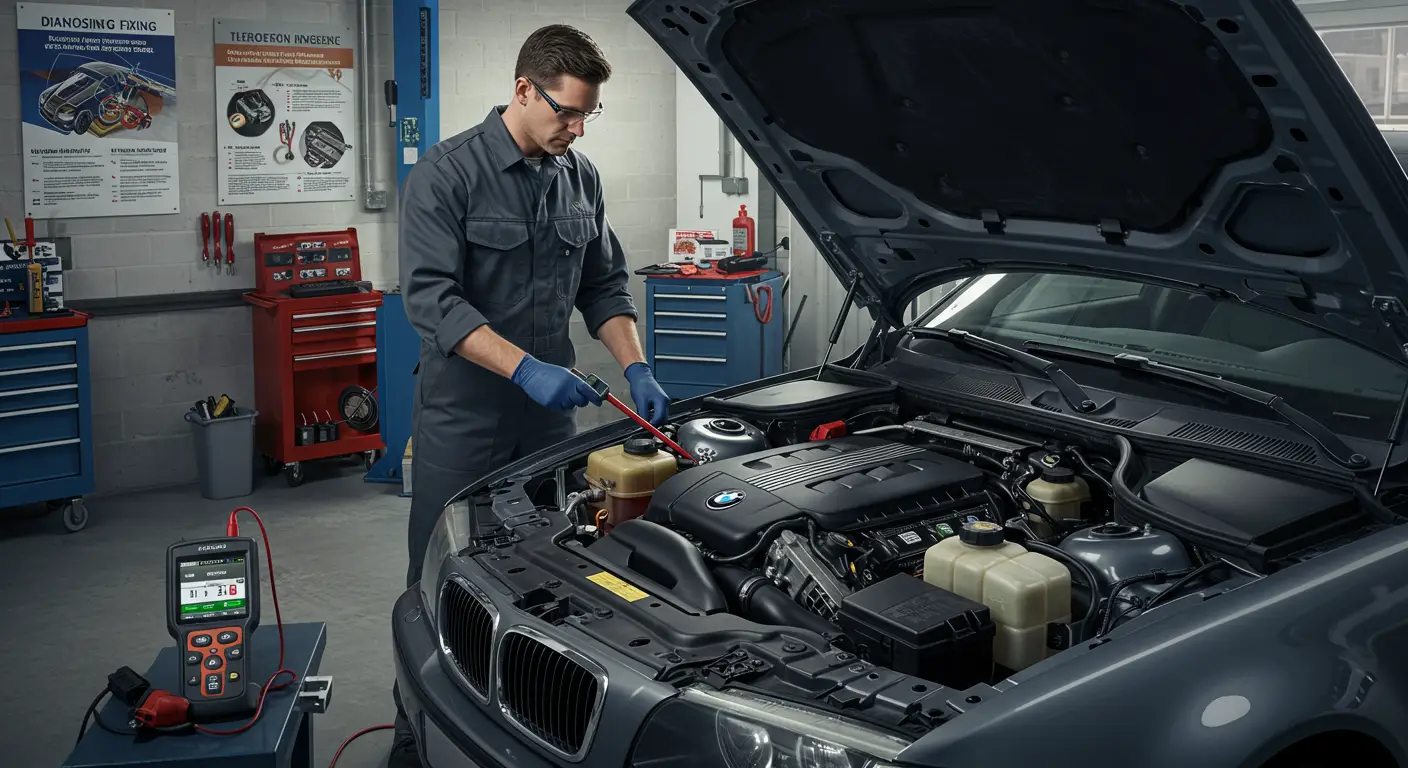 The image shows a mechanic in a garage diagnosing vapor lock issues in a car's engine, with tools and diagnostic equipment visible around the vehicle.