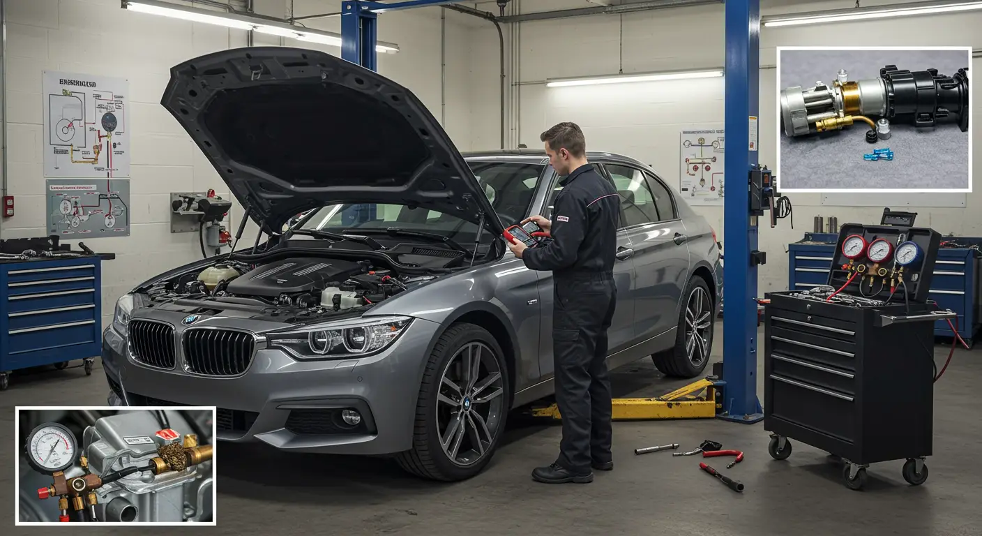 The image shows a mechanic in a garage inspecting the air conditioning system of a car, with tools and equipment nearby, as part of diagnosing and fixing clogged A/C lines.