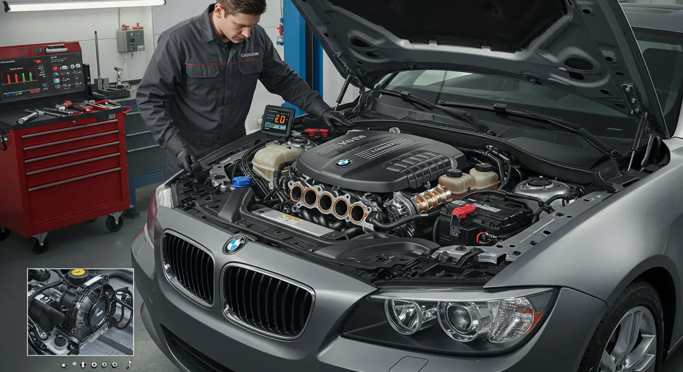The image shows a mechanic inspecting an engine's exhaust manifold for gasket leaks, highlighting areas where symptoms like hissing sounds or exhaust odors may indicate a problem.