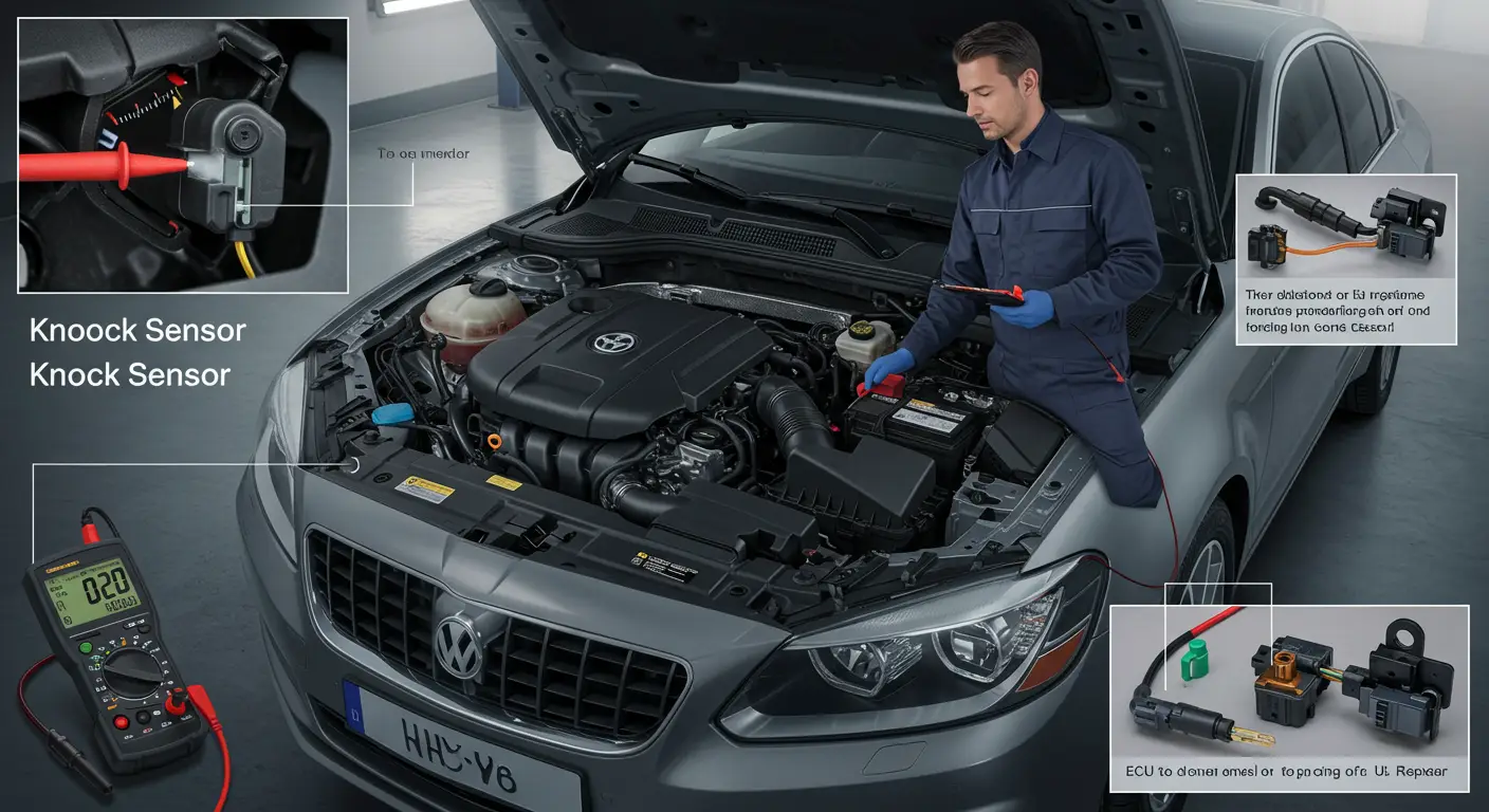 The image shows a mechanic using a diagnostic tool to check the engine performance of a car, focusing on identifying symptoms of a malfunctioning knock sensor, with text overlay in Romanian describing diagnostic and repair steps.