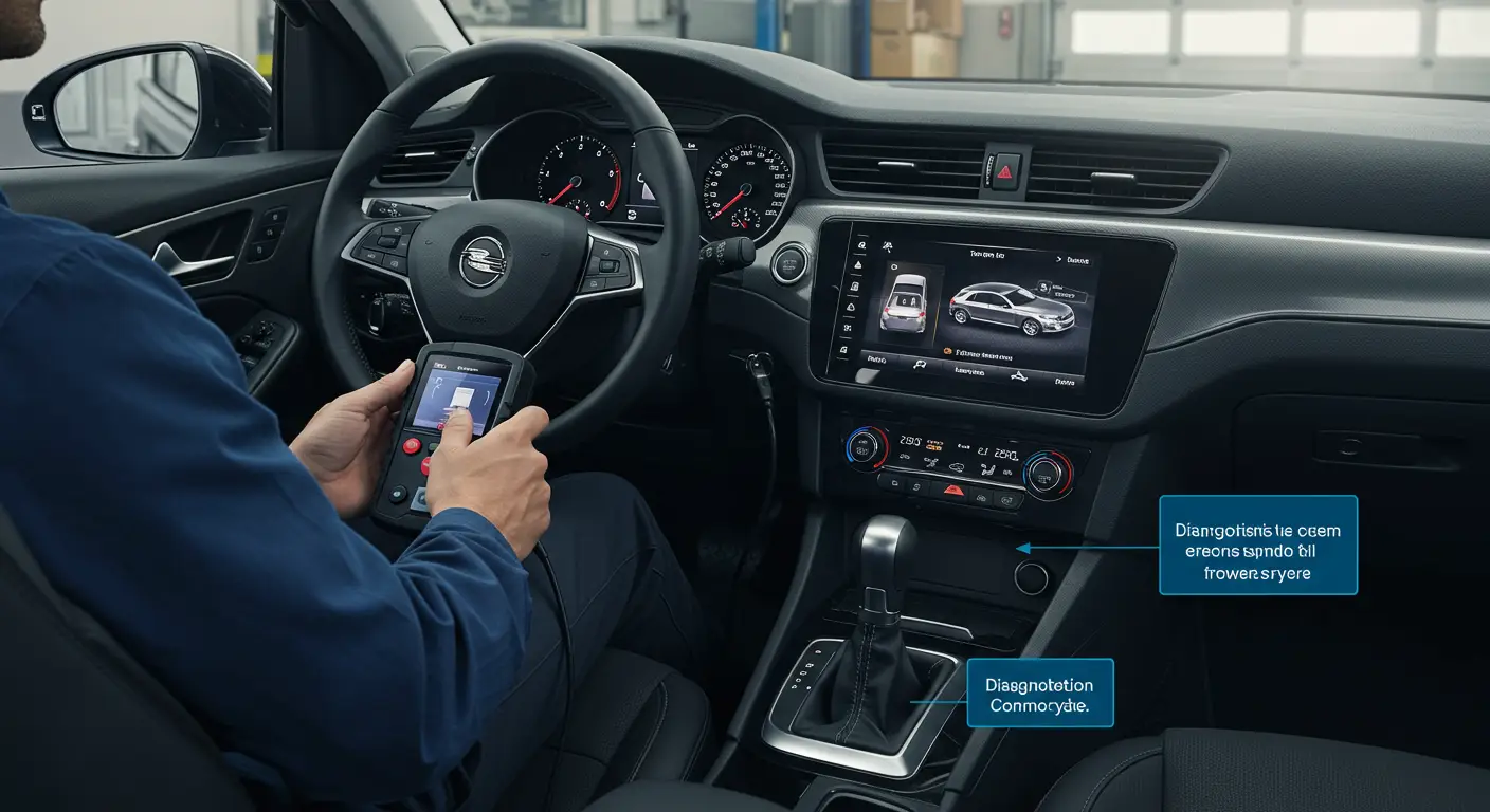 The image shows a mechanic using a diagnostic tool to troubleshoot a car's infotainment system, highlighting common issues such as unresponsive touch screens and connectivity problems.