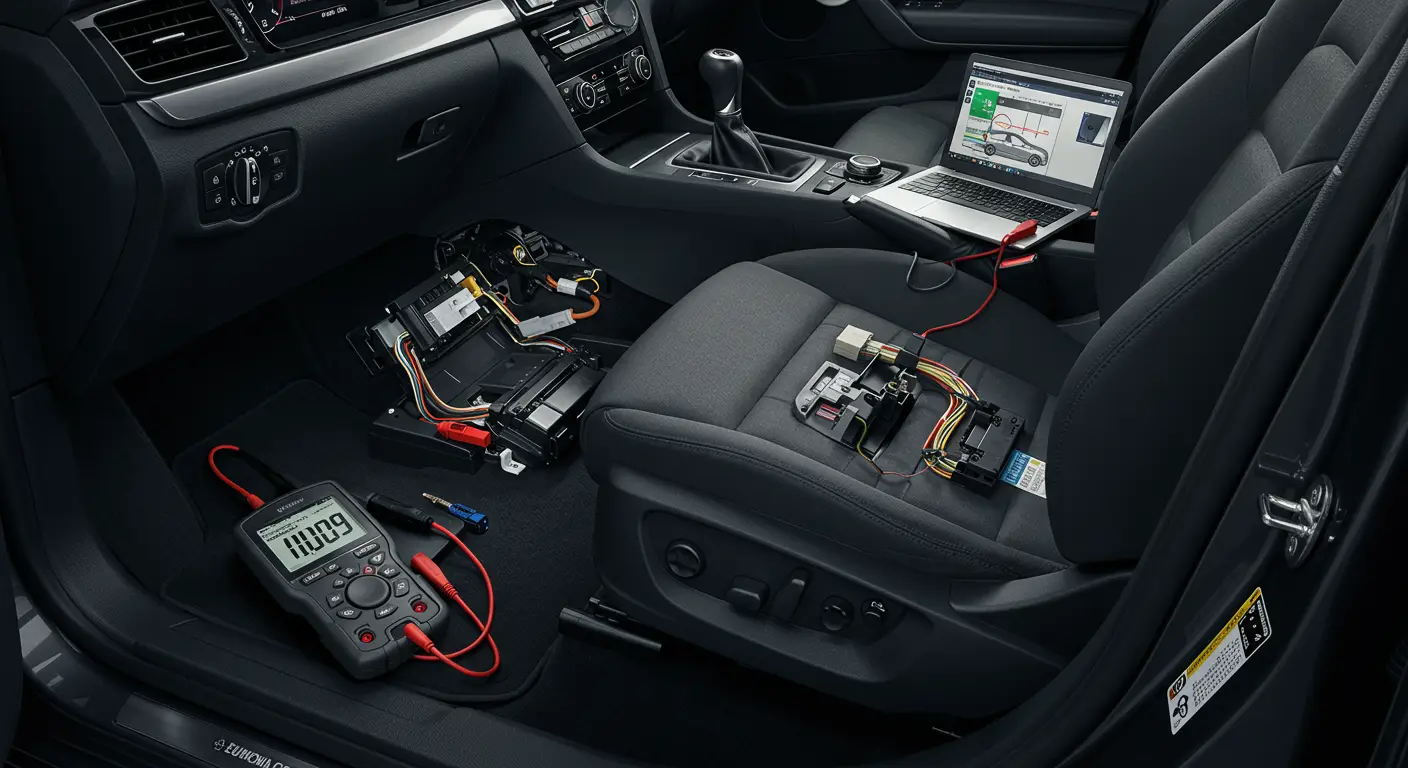 The image shows a mechanic using a diagnostic tool to troubleshoot seat memory function issues in a modern car, focusing on the seat adjustment controls and electronic components.