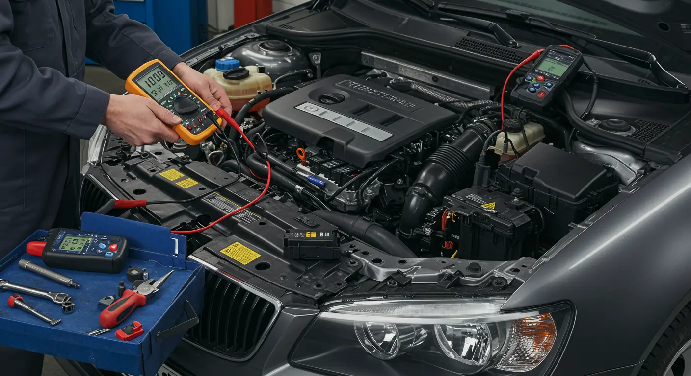 The image shows a mechanic using a multimeter to test a car relay, with various automotive tools and relays spread on a workbench, illustrating the process of diagnosing and replacing faulty car relays.