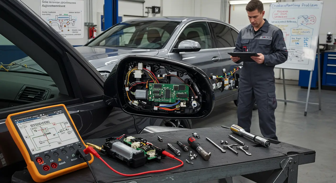 The image shows a person adjusting a car's side mirror with a focus on the mirror's adjustment controls, highlighting issues with mirror alignment in a vehicle context.