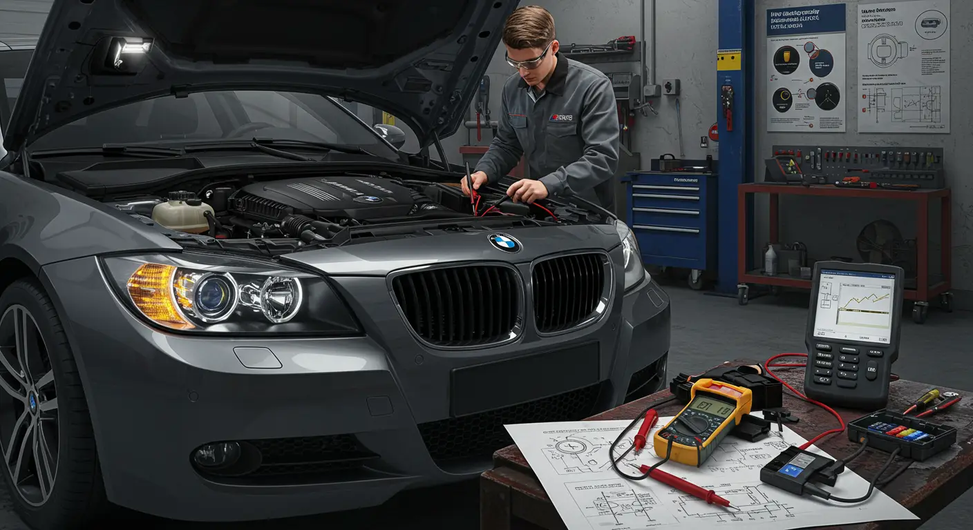 The image shows a person examining the front of a car, focusing on the daytime running light (DRL) area, with a toolbox and various tools nearby, illustrating the process of identifying and repairing DRL issues.
