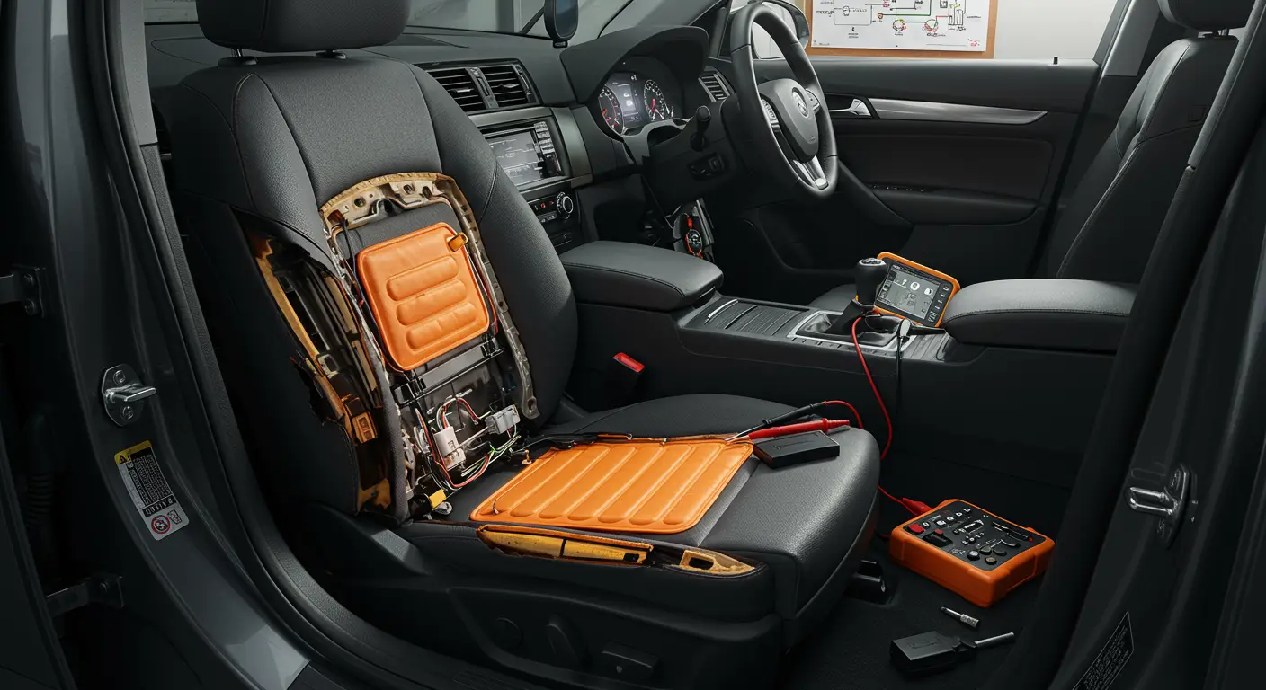 The image shows a person using a multimeter to diagnose the electrical connections of a car's heated seat, with visible seat upholstery and wiring components.