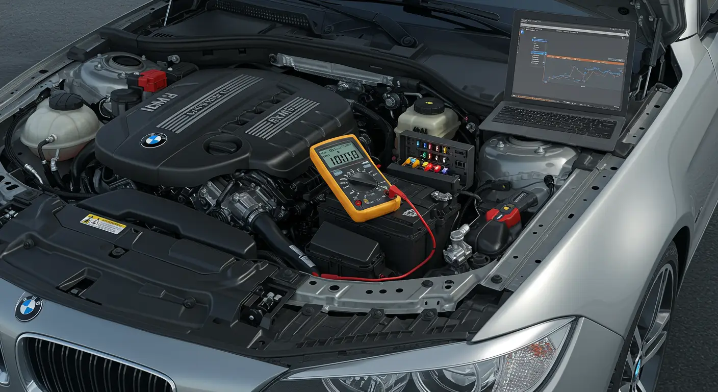 Un mecanic auto folosește un multimetru digital pentru a testa scurgerea parazitară a bateriei unui automobil, cu cabluri conectate la bornele bateriei.