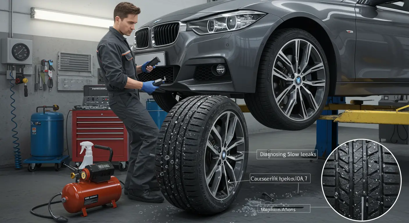 Un mecanic auto inspectează o anvelopă de mașină pentru a identifica o scurgere lentă, utilizând un spray cu apă și săpun pentru a detecta eventualele bule de aer indicative ale unei perforații.