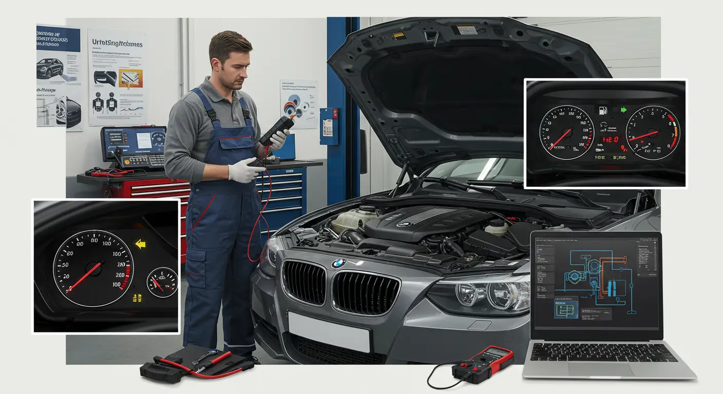 Un mecanic auto inspectează sistemul de combustibil al unei mașini, concentrându-se pe diagnoza și repararea problemelor cu indicatorul de nivel al combustibilului.