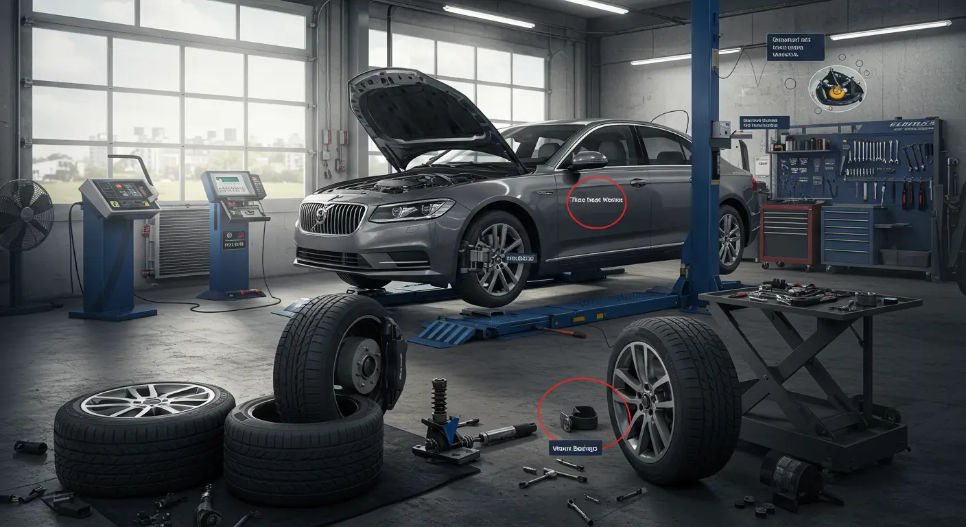 Un mecanic auto inspectează un cauciuc uzat al unei mașini, în timp ce alături sunt prezentate diagrame explicative despre cauzele și soluțiile zgomotului produs de anvelope.