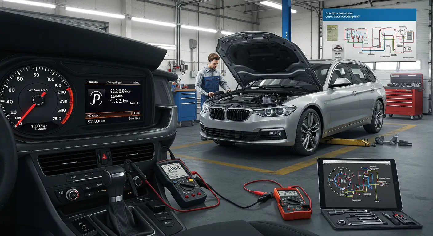 Un panou de bord auto cu indicatorul de temperatură defect, acul fiind poziționat la zero, sugerând posibile cauze precum un senzor de temperatură defect sau probleme la circuitul electric.