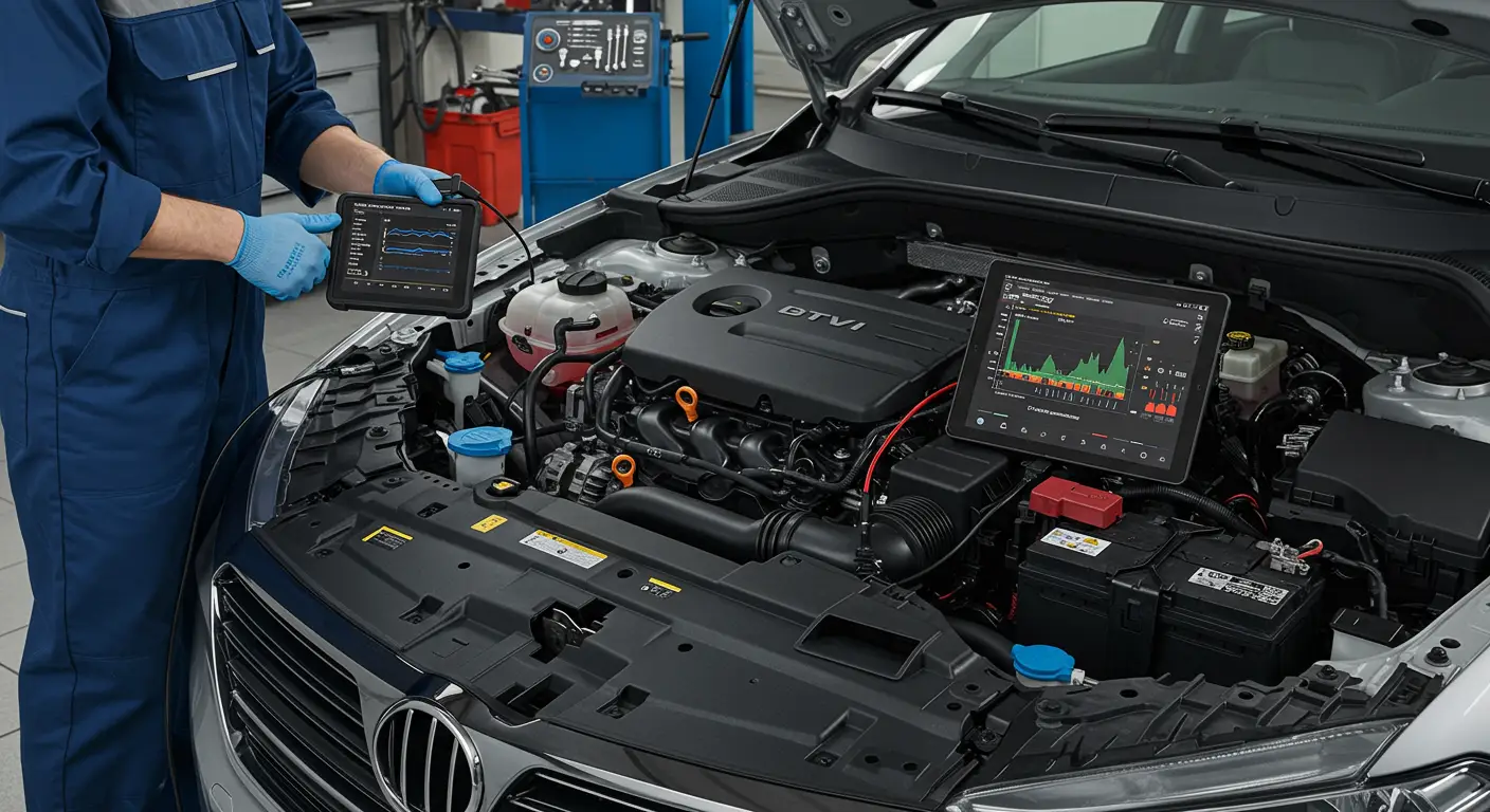 Un tehnician auto verifică un vehicul electric, utilizând un laptop conectat la sistemul BMS pentru a diagnostica problemele legate de baterie.