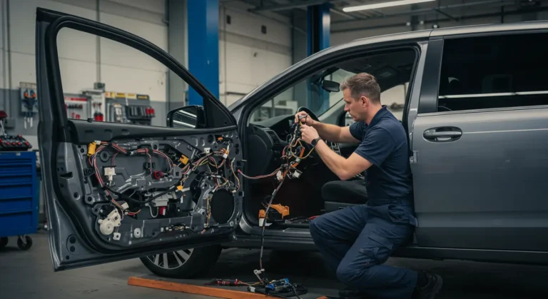 Descriere imagine: Uși laterale glisante auto cu defecțiuni, prezentând metode de diagnosticare și soluții de reparație pentru problemele mecanice și electrice.