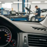 Lampa de avertizare ABS aprinsă pe bordul unei mașini, indicând posibile probleme la sistemul de frânare antiblocare, siguranță auto.