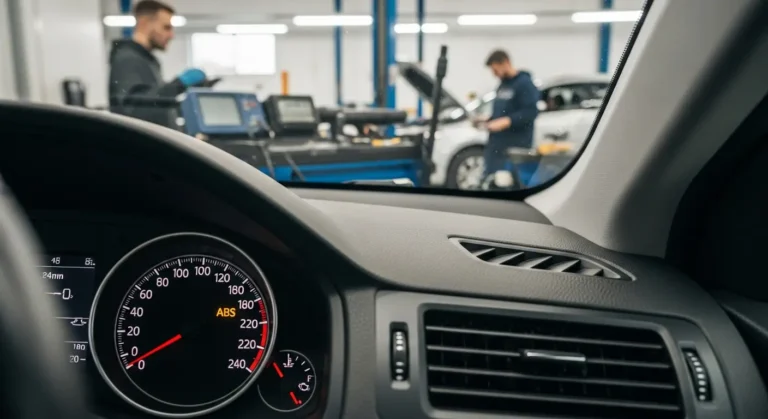 Lampa de avertizare ABS aprinsă pe bordul unei mașini, indicând posibile probleme la sistemul de frânare antiblocare, siguranță auto.