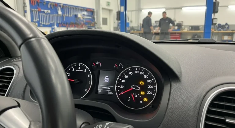 Lumina de avertizare Check Engine aprinsă pe bordul unei mașini moderne, indicând posibile probleme ale motorului sau sistemelor electronice.