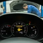 Lampa de stare cheie/immobilizator luminată pe bordul unei mașini, indicând securitatea sistemului antifurt și necesitatea autentificării cheii.