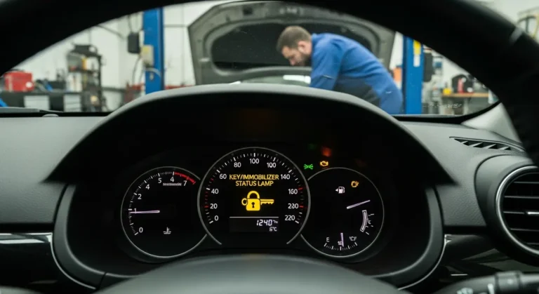 Lampa de stare cheie/immobilizator luminată pe bordul unei mașini, indicând securitatea sistemului antifurt și necesitatea autentificării cheii.
