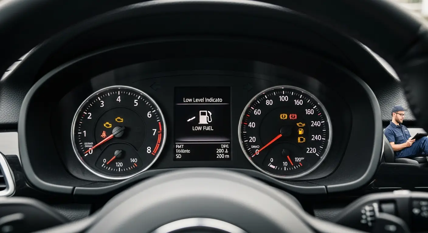 Indicatorul de nivel scăzut al combustibilului aprins pe bordul unei mașini, semnalizând necesitatea alimentării cu benzină.