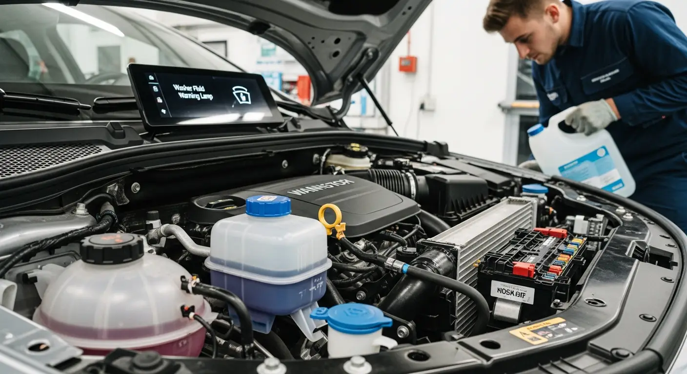 Indicatorul luminos pentru lichidul de spălare parbriz este aprins pe bordul unei mașini, semnalizând un nivel scăzut al lichidului. Pictograma are forma unui parbriz stropit cu jeturi de apă.