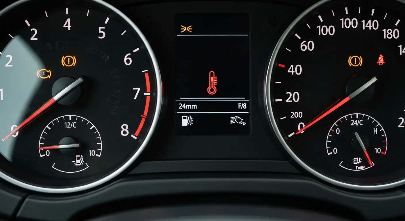 Lampa de avertizare a temperaturii motorului indică faptul că motorul vehiculului funcționează la o temperatură prea ridicată și poate necesita oprirea imediată pentru a preveni supraîncălzirea.