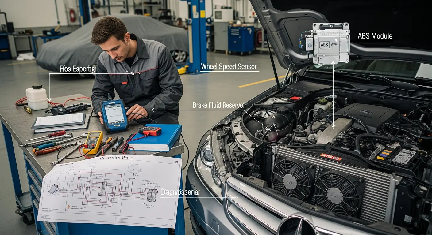 Lampa de avertizare ABS aprinsă pe bordul unui automobil, indicând o posibilă problemă la sistemul de frânare anti-blocare.