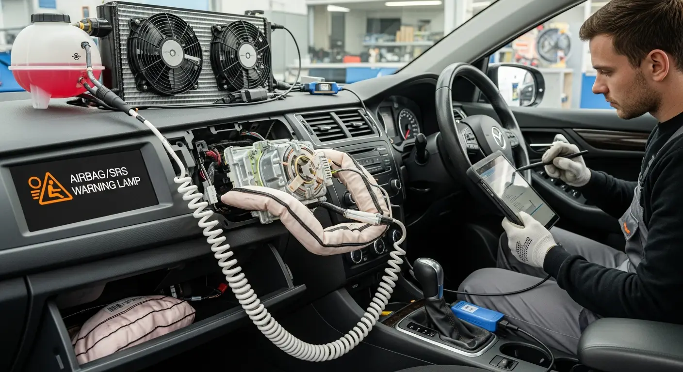 Lampa de avertizare pentru airbag/SRS aprinsă pe bordul unei mașini, indicând o posibilă problemă la sistemul de siguranță.