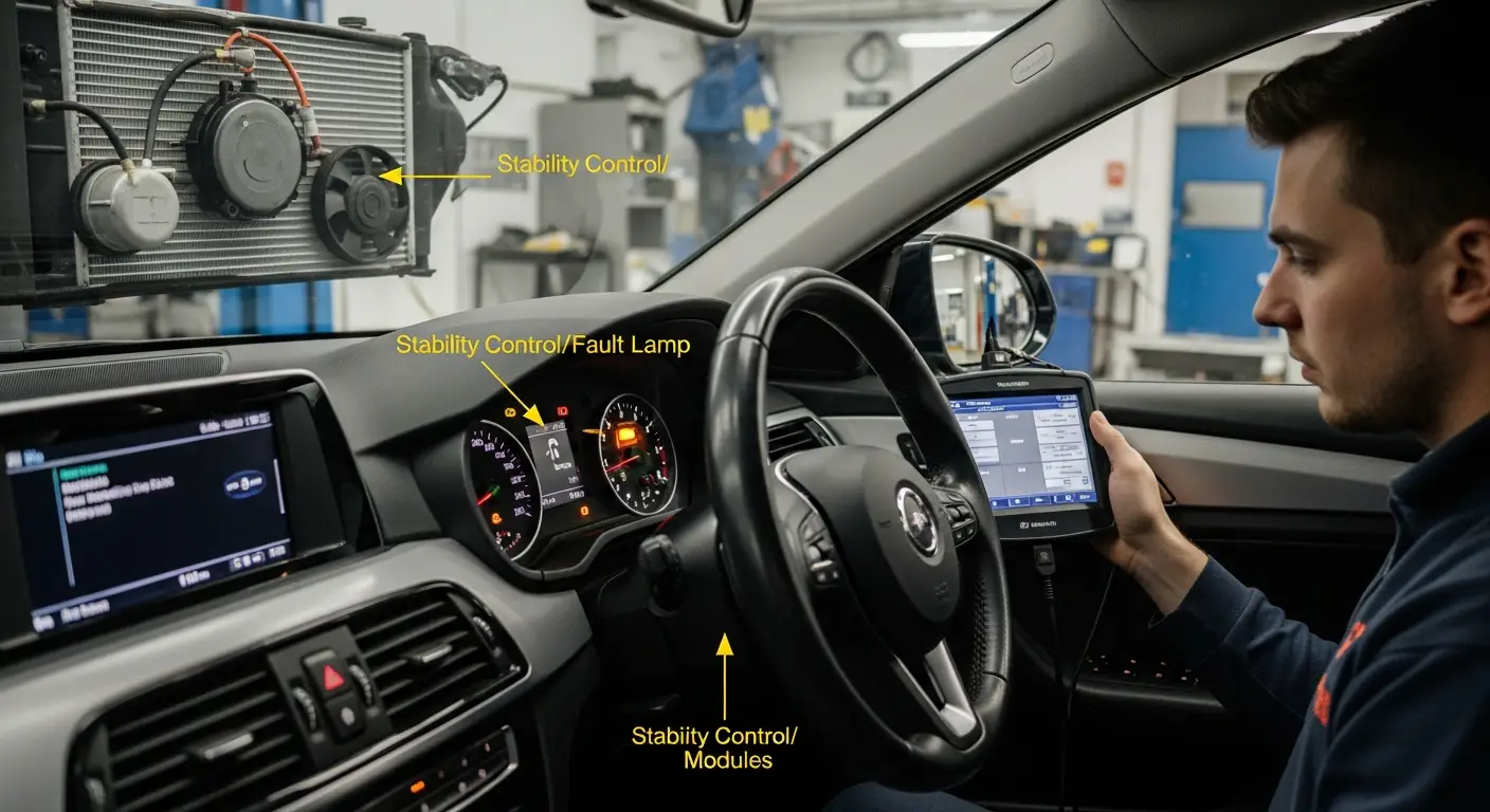 Lampa de avertizare pentru controlul stabilității este aprinsă pe tabloul de bord al unei mașini, indicând o posibilă defecțiune a sistemului.