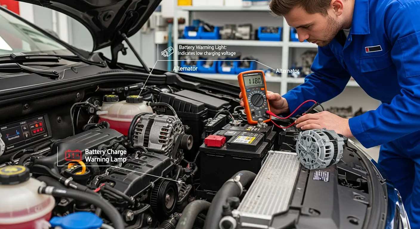 Lampa de avertizare pentru încărcarea bateriei aprinsă pe bordul unei mașini.
Sau
Pictogramă roșie în formă de baterie, afișată pe tabloul de bord al unui automobil.