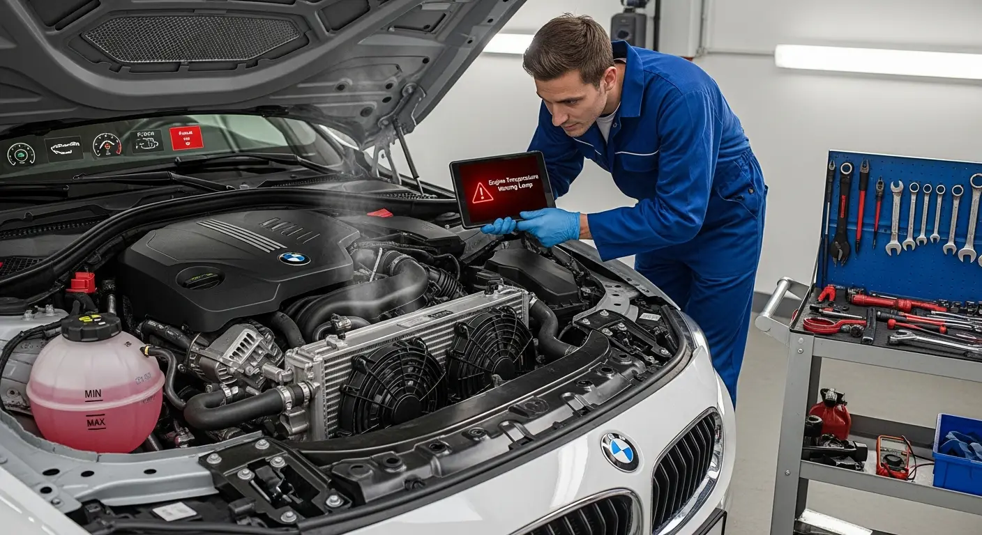 Lampa de avertizare pentru temperatura motorului aprinsă pe bordul unei mașini, indicând supraîncălzirea motorului.