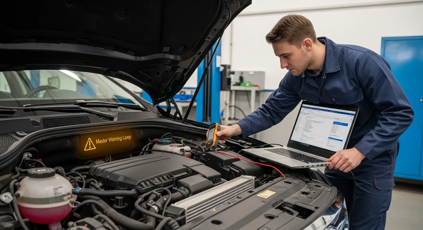 Lampa de avertizare principală (Master Warning Lamp) aprinsă pe bordul unui autoturism, semnalizând o problemă care necesită atenție imediată.