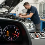 Lampă de temperatură transmisie aprinsă la bordul unui autoturism, indicând supraîncălzirea transmisiei automate și necesitatea verificării imediate.