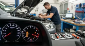 Lampă de temperatură transmisie aprinsă la bordul unui autoturism, indicând supraîncălzirea transmisiei automate și necesitatea verificării imediate.