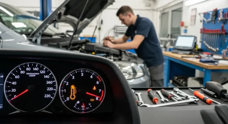 Lampă de temperatură transmisie aprinsă la bordul unui autoturism, indicând supraîncălzirea transmisiei automate și necesitatea verificării imediate.