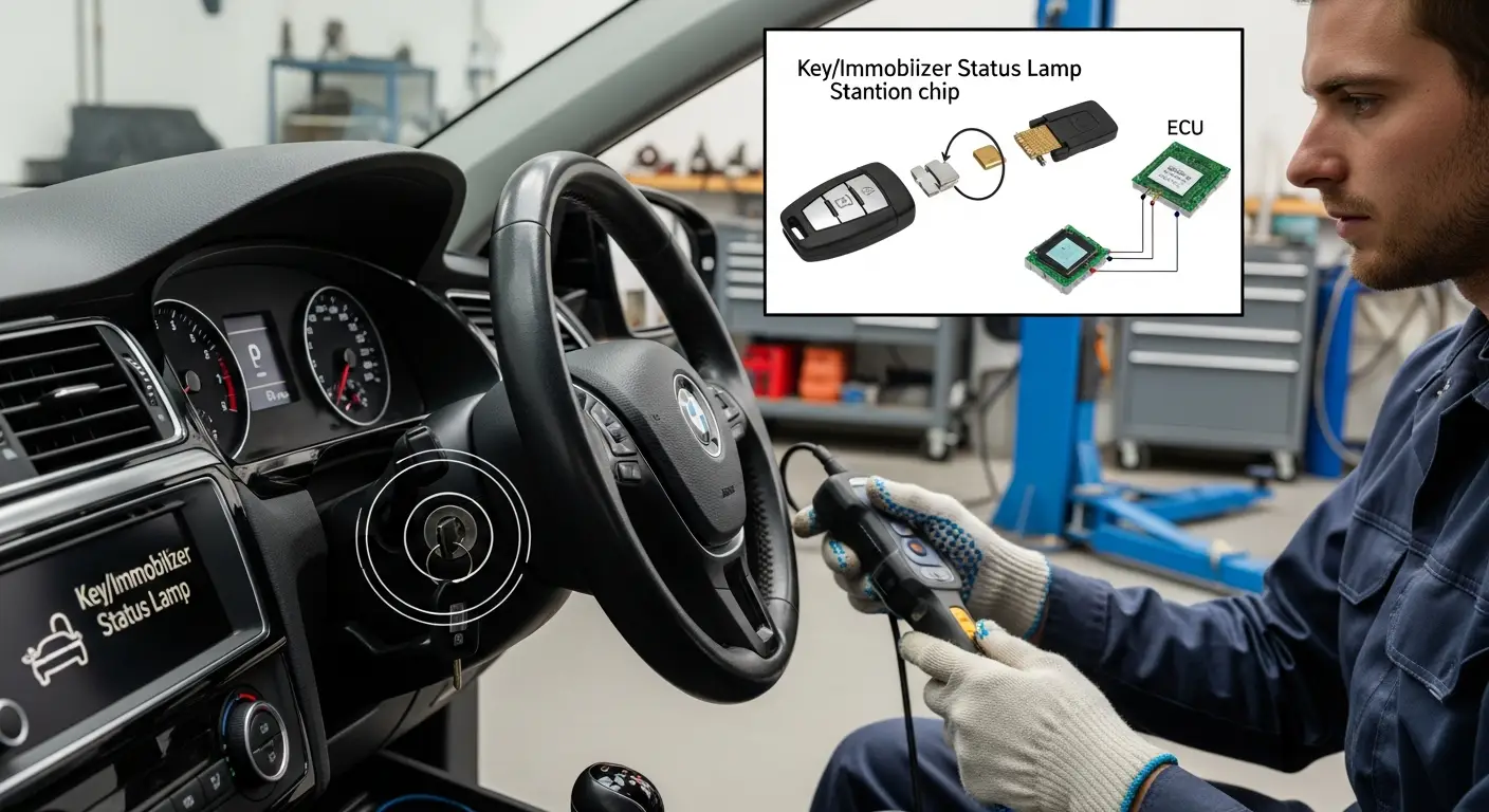 Lampa de stare a cheii/immobilizatorului de pe bordul unei mașini, aprinsă pentru a indica o problemă cu sistemul de recunoaștere a cheii.
Pictogramă portocalie în formă de cheie afișată pe panoul de instrumente al unui automobil.