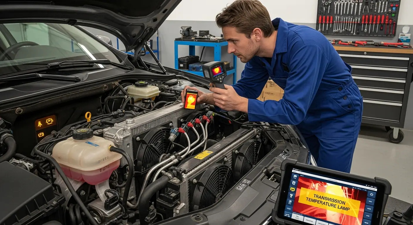 Lampa de temperatură a transmisiei aprinsă pe bordul unui autoturism, indicând supraîncălzirea transmisiei.