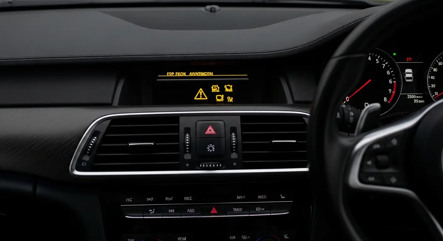 Lampa ESP de pe bordul unei mașini indică activarea sau o problemă la sistemul electronic de stabilitate, care ajută la menținerea tracțiunii și stabilității vehiculului.