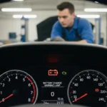 Lampa de avertizare baterie auto aprinsă pe bord, indicând nivel scăzut de încărcare sau posibilă problemă cu sistemul electric al vehiculului.