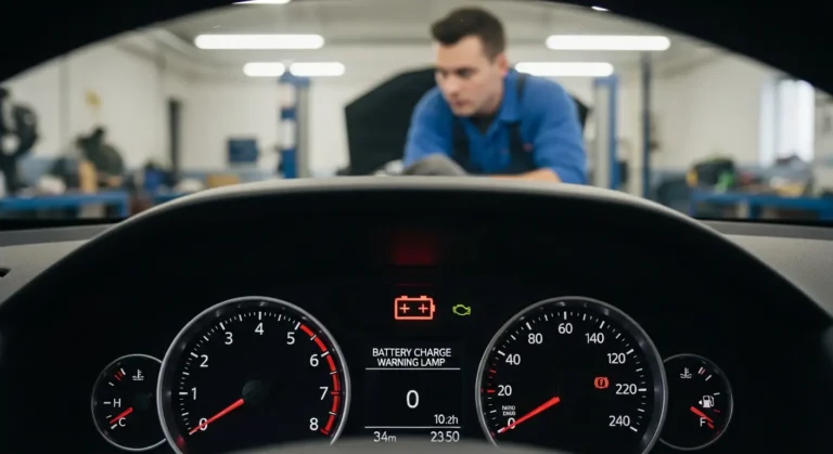 Lampa de avertizare baterie auto aprinsă pe bord, indicând nivel scăzut de încărcare sau posibilă problemă cu sistemul electric al vehiculului.