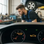 Lampă de avertizare control stabilitate auto, simbol electronic portocaliu, indică defect sau intervenție sistem stabilitate vehicul pe bordul mașinii.